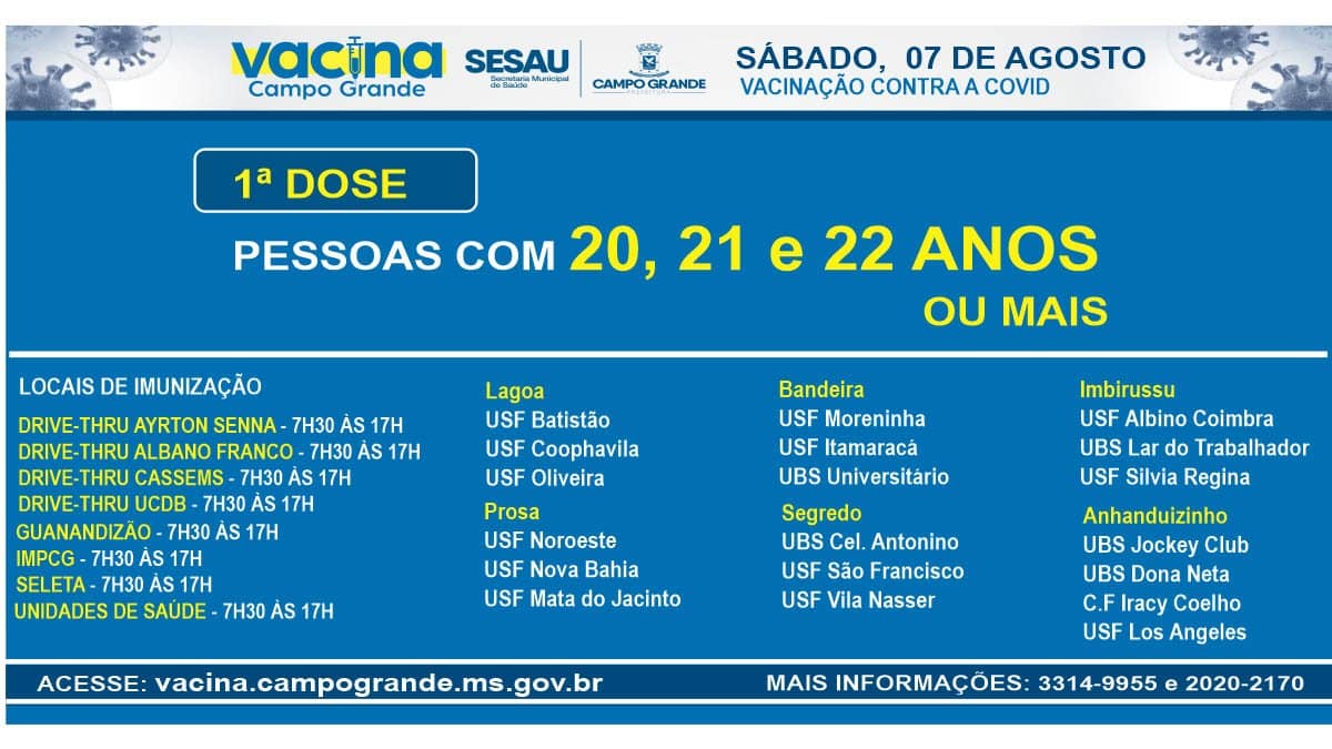 Campo Grande imuniza pessoas a partir de 20 anos contra Covid neste sábado