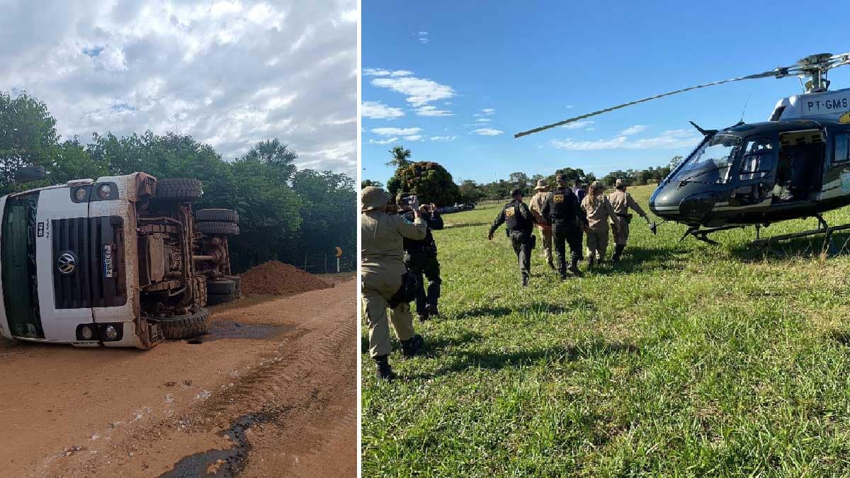 Motorista é resgatado de aeronave após caminhão tombar na Estrada Parque