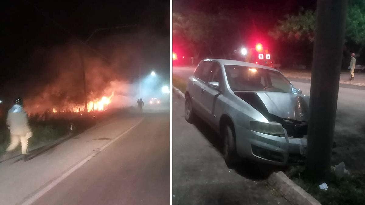 Colisão de veículo e incêndio em vegetação mobilizaram equipes dos Bombeiros em Corumbá