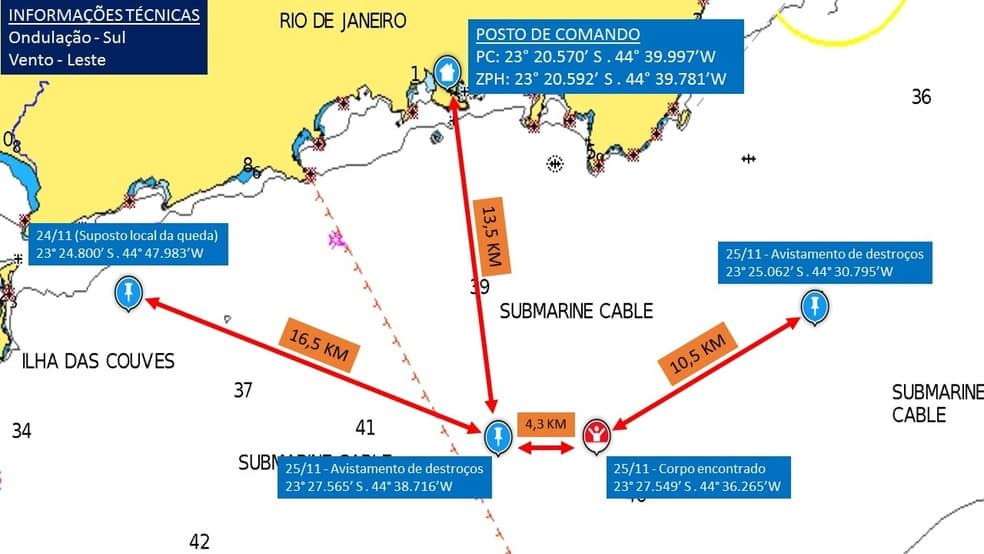 Equipe de resgate encontra corpo e destroços no mar nas proximidades do acidente de avião em Ubatuba