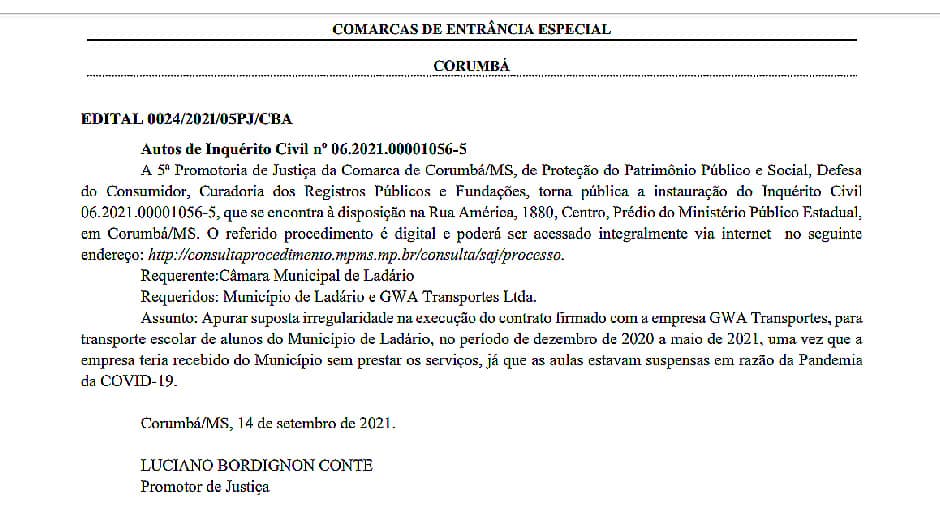 MPMS investiga suposta irregularidade em contrato para transporte escolar em Ladário 2 procedimento mpms 2