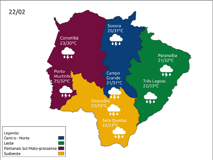 Terça-feira de sol, pancadas isoladas de chuva e máxima de 33°C 2 mapa tempo 22 fevereiro